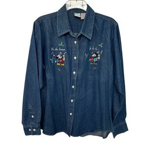 Vintage Disney Mickey & Minnie Christmas Embroidered Denim Button‎ Down Shirt
